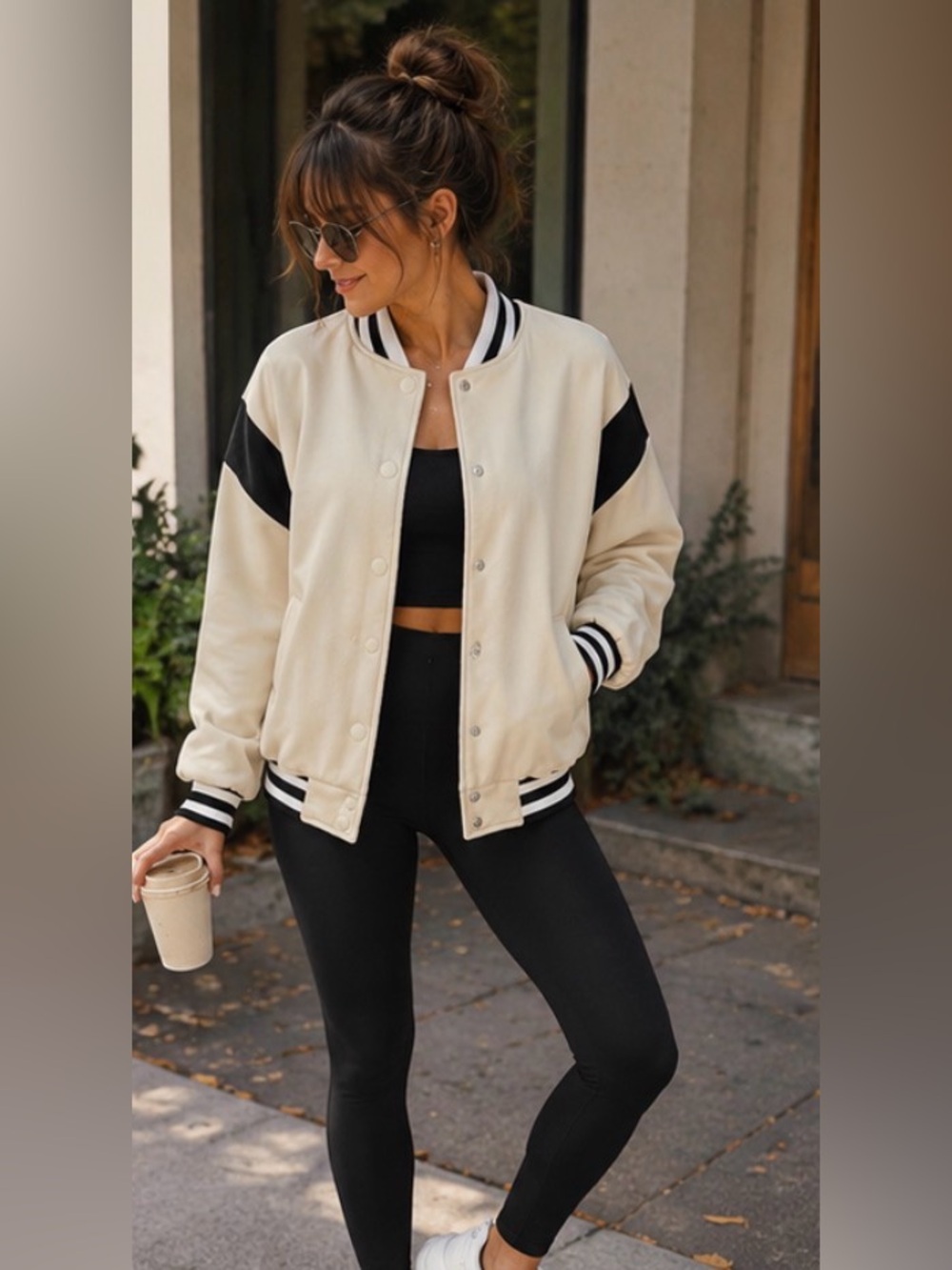 Varsity Bomber Jacket Cream Black Collegecore Sporty Chic Casual Preppy Small